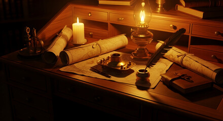 Vintage desk with glowing candles, maps, and a lamp, perfect for historical scenes or writing stories