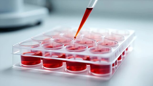 Blood sample being added to a multi-well plate for medical testing.