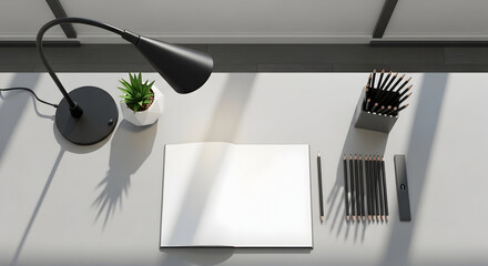 Workspace View With Lamp and Pencils, Ready to Start Creative Project on White Surface