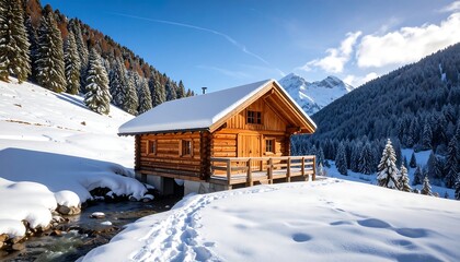 Picturesque wooden cabin nestled in a snow-covered alpine landscape, winter scene
