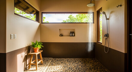 Zen Bathroom Interior Showcasing Modern Shower Design And Natural Light Coming Through Windows