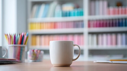A mug sits on a wooden desk in front of blurred shelves holding colorful objects in a bright, artistic room