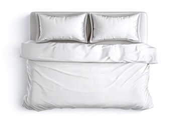 Top-down view of a bed with pristine white linens and two pillows, casting a soft shadow on a light background