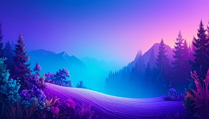 Dreamy synthwave mountain vista with glowing forest and lavender field.