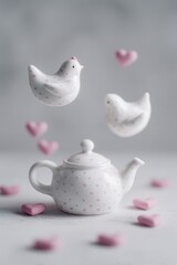 Delicate porcelain teapot with pink hearts, flanked by floating ceramic birds and pink heart-shaped candies