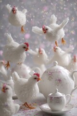 Small, white, toy-like chickens scattered around teacups and a teapot amidst colorful confetti falling on a light surface