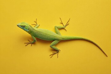 Naklejka premium Green lizard on vibrant yellow background