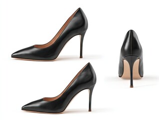 Black leather pumps, multiple views