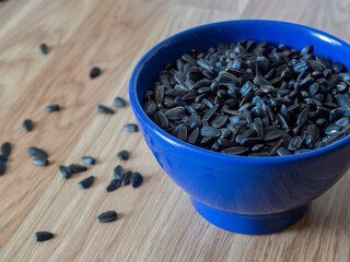 Roasted sunflower seeds in a blue bowl. High quality food and energy source for birds. Fresh black...
