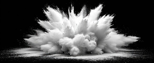 White powder explodes in a dynamic burst against a stark black backdrop, creating a dramatic and abstract cloud effect