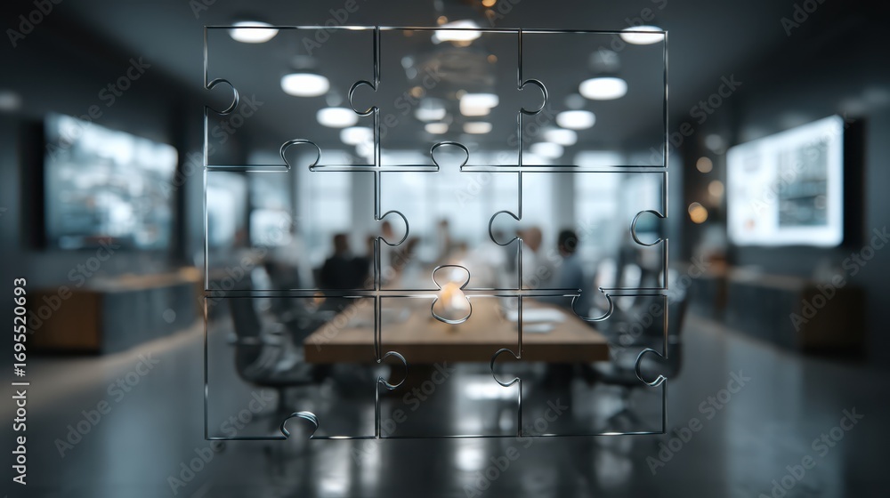 Poster a modern conference room with a puzzle overlay, symbolizing collaboration and problem-solving in a b