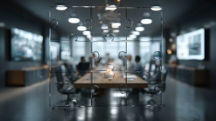 A modern conference room with a puzzle overlay, symbolizing collaboration and problem-solving in a business environment.