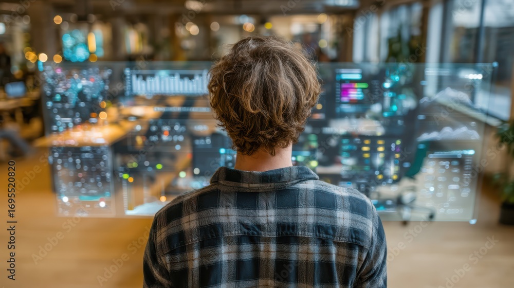 Aufkleber a person interacts with a futuristic digital interface, analyzing data in a modern workspace filled 