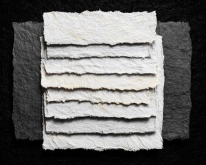 Stack of handmade paper with deckle edges on dark background, various shades of white and gray