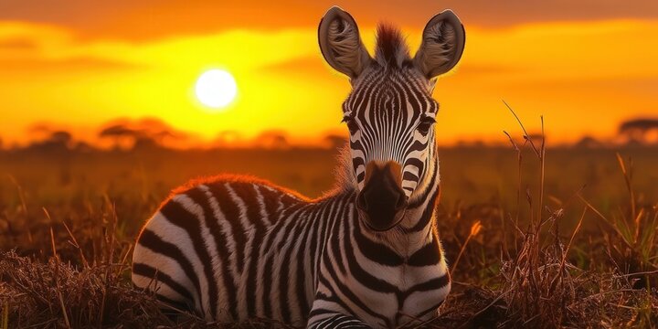 A zebra watches the sunset over the African savanna, bathed in a golden glow.