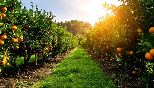 Sunkissed Orange Grove Rows of Citrus Trees with Ripe Fruits under Blue Sky.