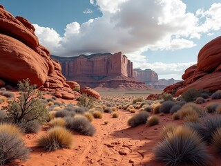 Dramatic red sandstone rock formations and desert vegetation under a cloudy sky in Monument Valley southwestern United States
