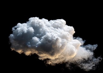 Fluffy white cloud formation, with wispy trails against a black background, softly lit from the side