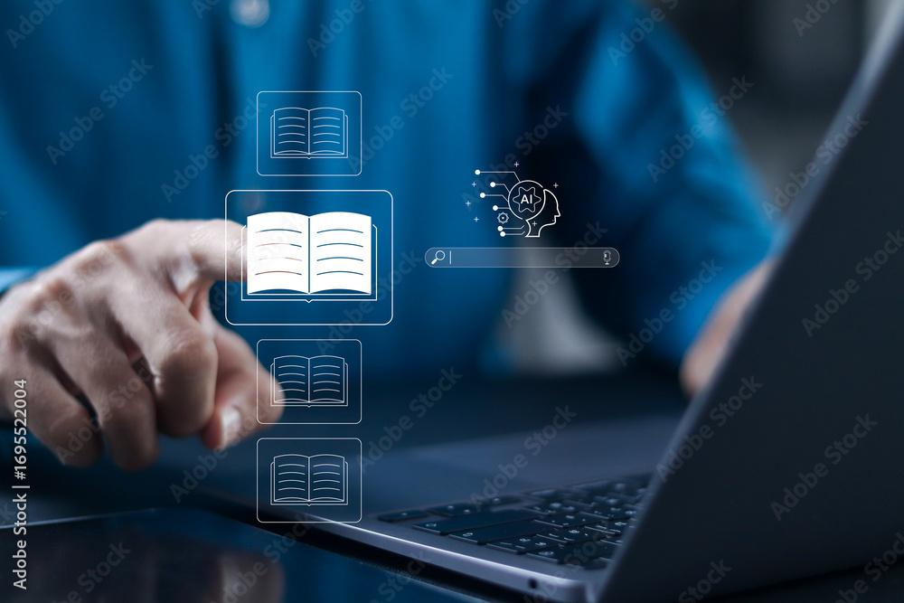 Poster ai in e-library concept. knowledge base on internet, digital library, electronic books online, e-lea
