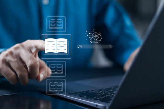 AI in E-library concept. Knowledge base on internet, digital library, electronic books online, E-learning, education online, digital technology and knowledge learning network.