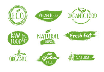 Bio Product Logo. Eco Emblems. Gluten Free Natural Product Labels. Vegan Green Bio Food