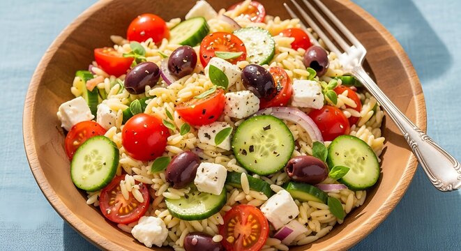 A vibrant bowl of Greek salad, showcasing orzo pasta, fresh vegetables, and creamy feta cheese.