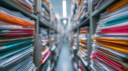 A blurred view of shelves filled with colorful stacks of documents, conveying a sense of organized chaos in an office or storage environment.