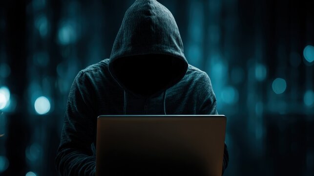 An anonymous hacker in a hooded sweatshirt intently uses a laptop in a dimly lit, high-tech setting, reflecting on online risks.  ..Created with Generative AI, not depicting real subjects.