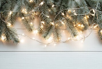 Pine branches dusted with snow, lit by warm fairy lights, arranged on white wooden boards to create festive border