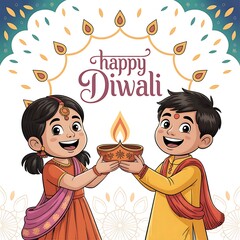 Joyful children celebrating Happy Diwali festival holding a lit diya, spreading light and cheer