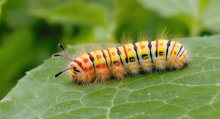 Fototapeta premium Close-up of a colorful caterpillar on a green leaf in nature.