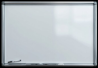 A clean, empty whiteboard with silver frame and marker resting below, reflecting light in a bright, simple composition