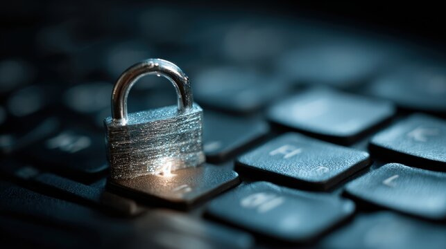 A close-up shot of a security lock resting on a computer keyboard, symbolizing digital safety, protection, and data privacy. ..Created with Generative AI, not depicting real subjects.