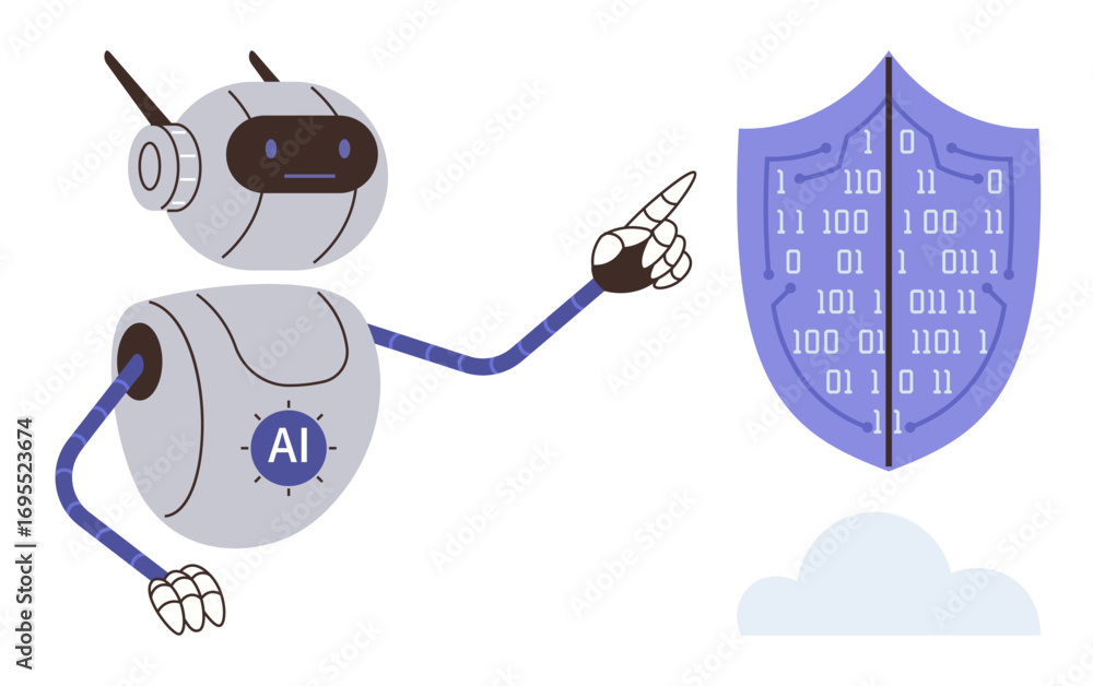 Aufkleber robot with ai label pointing at shield displaying binary code. ideal for ai security, technology, in