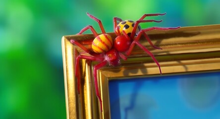 Naklejka premium Vibrant Red and Yellow Spider on a Golden Picture Frame Corner.