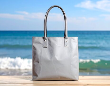 there is a large gray bag sitting on a wooden table