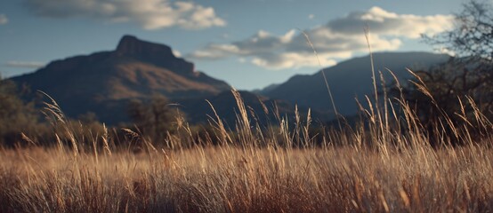 Golden grassland with distant blurred mountains under a partly cloudy blue sky in a wide, scenic landscape
