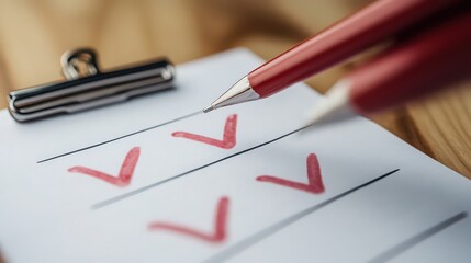Closeup of a clipboard with a checklist and red pen, marking tasks as completed with checkmarks on paper