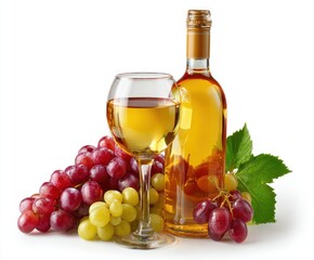 Glass and bottle of white wine with red and green grapes. Bright light emphasizes the liquids and fruit