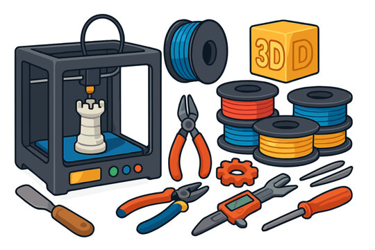 3D printing workshop collection. Additive manufacturing concept with a printer, filament spools, and tools. Prototyping technology for engineering. Vector cartoon icons set.