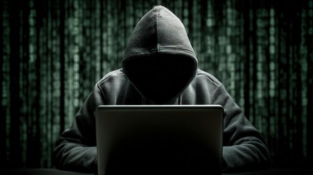 A cloaked figure, shrouded in shadow, intensely focuses on a laptop, their identity concealed behind a hooded cloak. ..Created with Generative AI, not depicting real subjects.