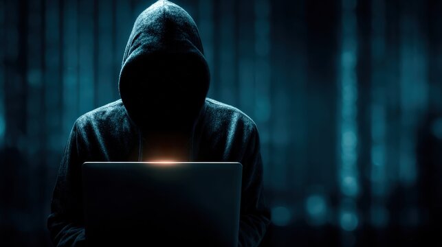 A shadowy figure, cloaked in a hood, hunches over a glowing laptop screen, immersed in a clandestine cyber operation. ..Created with Generative AI, not depicting real subjects. - Powered by Adobe