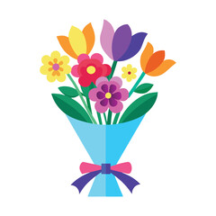 Vibrant flat design illustration of a colorful bouquet of assorted spring flowers wrapped in light blue paper with a purple ribbon and bow