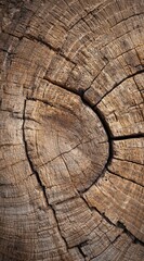 Fototapeta premium Aged tree cross-section shows rings, texture, and cracks, with a warm, brown color palette filling the frame
