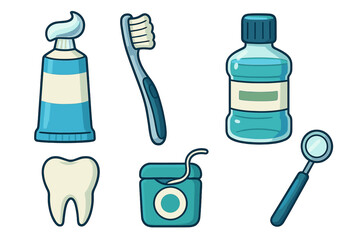 Dental care icon set for oral hygiene. Vector collection of toothbrush, toothpaste, floss, mouthwash, and dentist mirror. Teeth cleaning cartoon illustration for health.