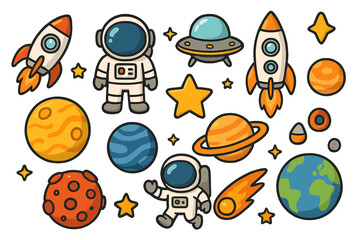 Space icon collection cartoon vector set. Astronaut, rocket, planet, ufo and star element. Cute kid cosmos sticker pack. Astronomy science galaxy exploration graphic design.