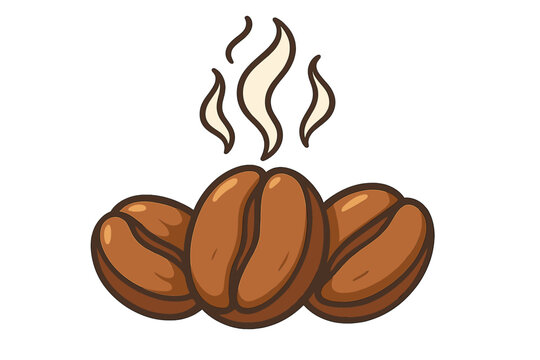 Roasted coffee beans with steam vector cartoon illustration. Hot fresh coffee for a cafe menu or logo. Morning energy and caffeine drink concept. Aroma of espresso or americano.