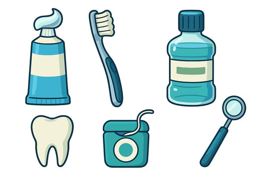 Dental care icon set for oral hygiene. Vector collection of toothbrush, toothpaste, floss, mouthwash, and dentist mirror. Teeth cleaning cartoon illustration for health.