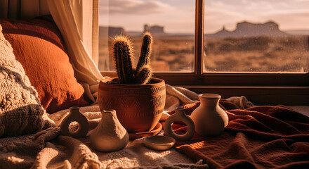 Warm Interior And View Of Desert Landscape Through Wooden Window