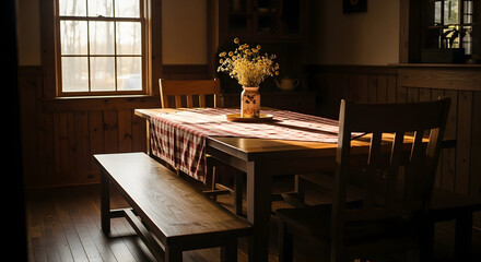 Warm Interior Dining Room Scene Displaying Comfort and Natural Sunlight